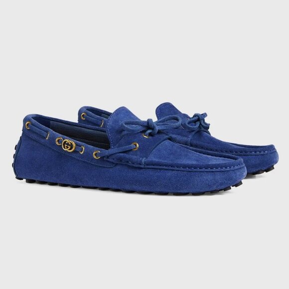 GUCCI SHOES MENS DRIVER BLUE SUEDE LEATHER INTERLOCKING G LOGO sz 10.5 11 US - Picture 2 of 16